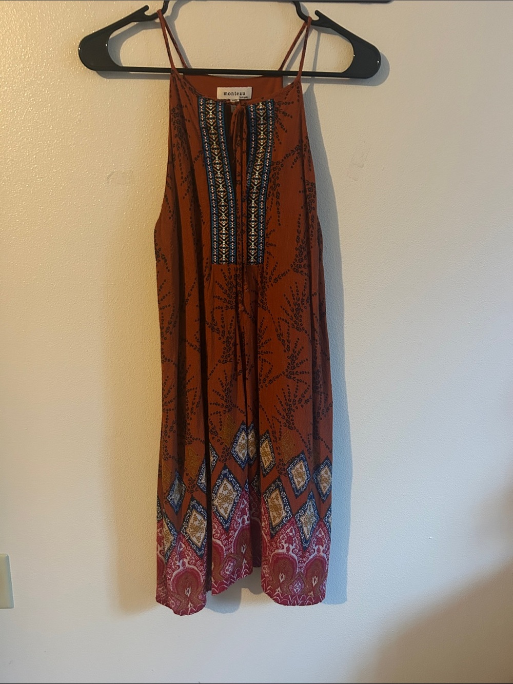 Monteau M Burnt Orange Boho Aztec Tribal Embroidered Spaghetti Strap Mini Dress